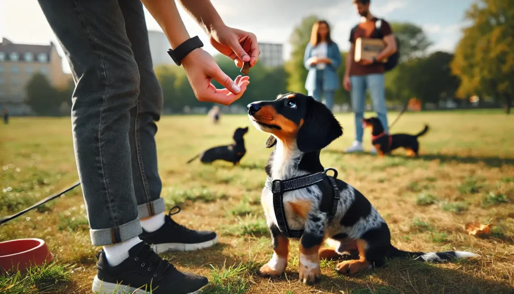 A training scene with a black and cream dapple Dachshund.