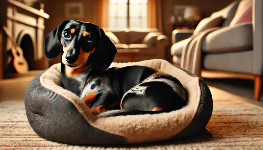 Black and cream dapple Dachshund curled up in a comfortable dog bed.