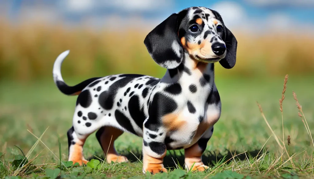 Black and cream dapple Dachshund with a cream base coat