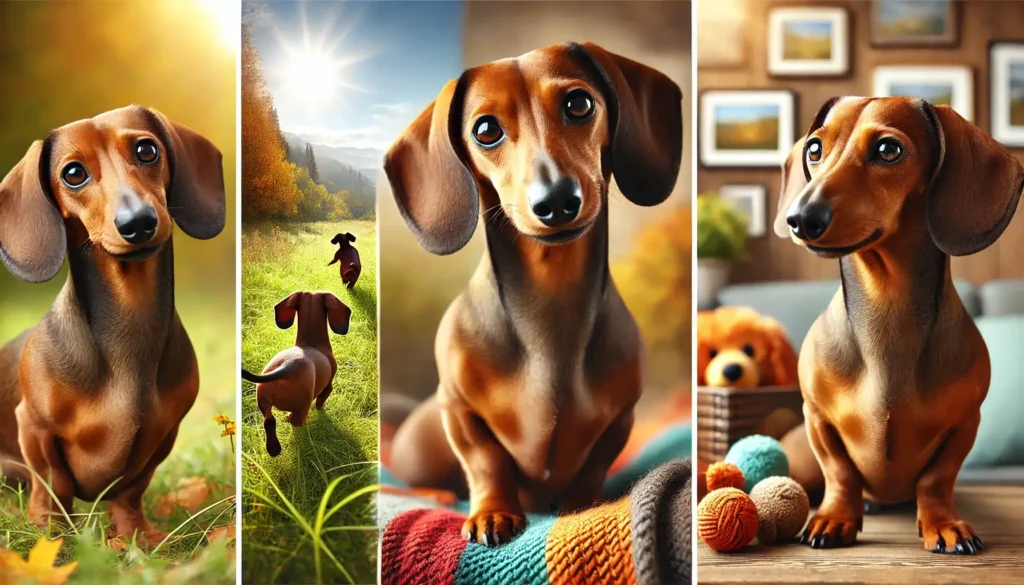 A series of three images of a brown Dachshund, featuring the dog in various poses.