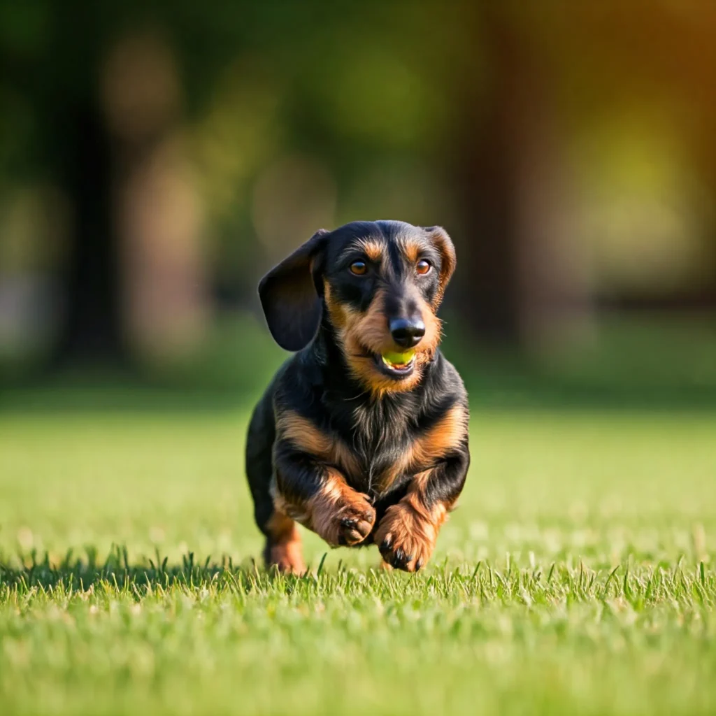 Playful Black Large Dachshund in Field with Energy